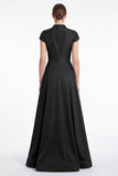 A-Line Black V-Neck Beaded Appliqued Mother Of the Bride Dress with Cap Sleeves