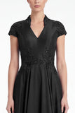 A-Line Black V-Neck Beaded Appliqued Mother Of the Bride Dress with Cap Sleeves