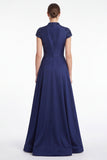 A-Line Black V-Neck Beaded Appliqued Mother Of the Bride Dress with Cap Sleeves
