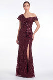 One Shoulder Burgundy Mermaid Sequins Ruffled Floral Mother Of The Bride Dress with Slit