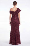 One Shoulder Burgundy Mermaid Sequins Ruffled Floral Mother Of The Bride Dress with Slit