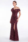 One Shoulder Burgundy Mermaid Sequins Ruffled Floral Mother Of The Bride Dress with Slit