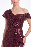 One Shoulder Burgundy Mermaid Sequins Ruffled Floral Mother Of The Bride Dress with Slit