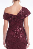 One Shoulder Burgundy Mermaid Sequins Ruffled Floral Mother Of The Bride Dress with Slit