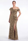 One Shoulder Burgundy Mermaid Sequins Ruffled Floral Mother Of The Bride Dress with Slit