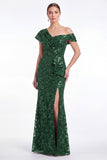 One Shoulder Burgundy Mermaid Sequins Ruffled Floral Mother Of The Bride Dress with Slit