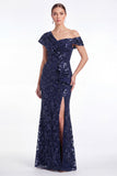 One Shoulder Burgundy Mermaid Sequins Ruffled Floral Mother Of The Bride Dress with Slit