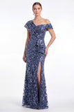 One Shoulder Burgundy Mermaid Sequins Ruffled Floral Mother Of The Bride Dress with Slit