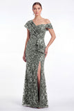 One Shoulder Burgundy Mermaid Sequins Ruffled Floral Mother Of The Bride Dress with Slit
