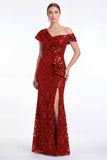 One Shoulder Burgundy Mermaid Sequins Ruffled Floral Mother Of The Bride Dress with Slit