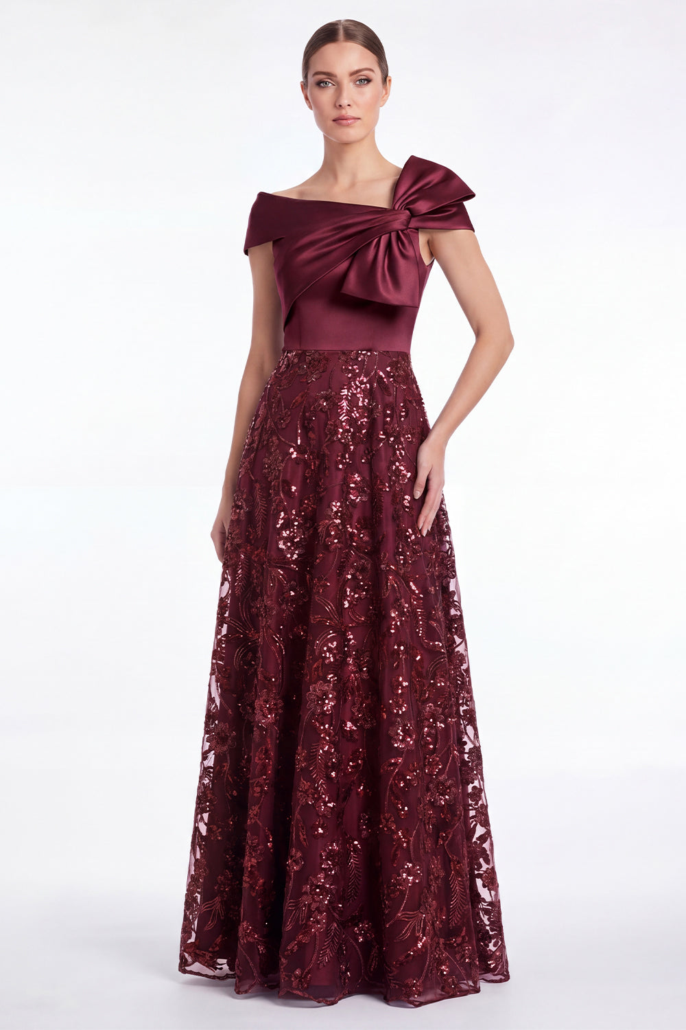ZAPAKA Women Burgundy Mother Of The Bride Dress with Bow Off The Shoulder Sequins A-Line Maxi Floral Wedding Guest Dress, Burgundy / US8