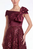 Burgundy Off the Shoulder A-Line Sequins Mother Of The Bride Dress with Bow