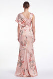 Pink Flower Satin Mermaid Ruched Printed Mother Of The Bride Dress