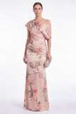 Pink Flower Satin One Shoulder Mermaid Ruched Maxi Dress