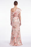 Pink Flower Satin One Shoulder Mermaid Ruched Maxi Dress