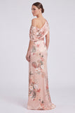 Pink Flower Satin One Shoulder Mermaid Ruched Maxi Dress