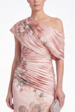 Pink Flower Satin One Shoulder Mermaid Ruched Maxi Dress