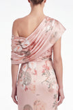 Pink Flower Satin One Shoulder Mermaid Ruched Maxi Dress