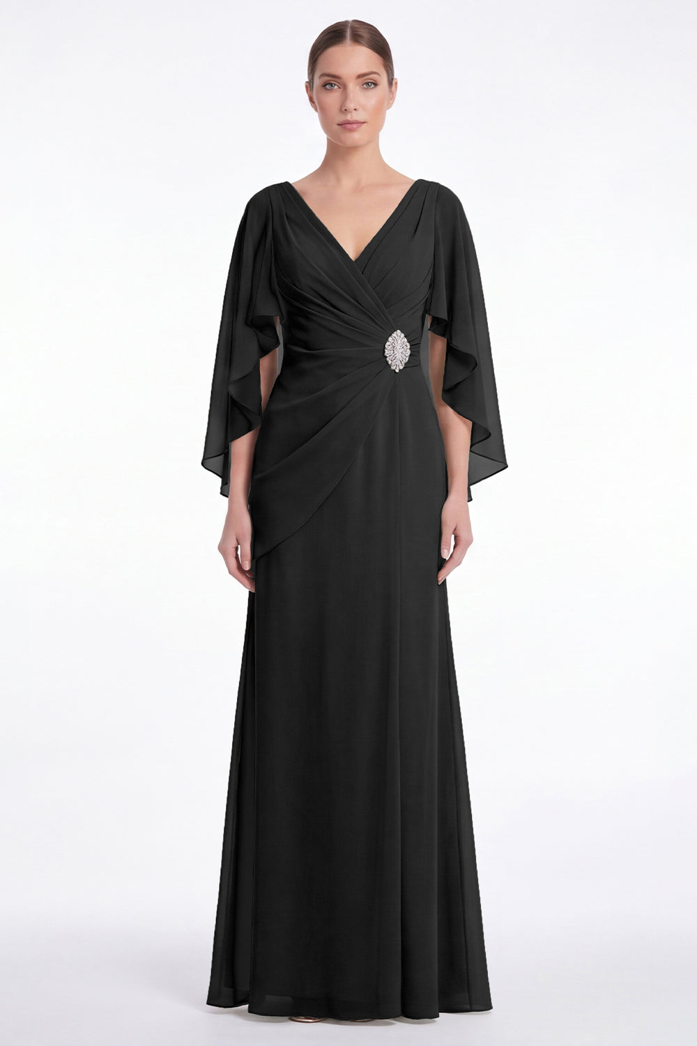 chiffon wrap cape sleeve maxi dress ZAPAKA Women Sage Chiffon Mother Of the Bride Dress A-Line Ruched V-Neck Wedding Guest Dress with Cape Sleeves