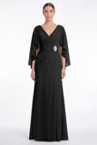 Sage V-Neck Chiffon A-Line Ruched Mother Of the Bride Dress with Cape Sleeves