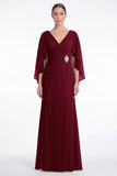 Sage V-Neck Chiffon A-Line Ruched Mother Of the Bride Dress with Cape Sleeves