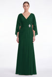 Sage V-Neck Chiffon A-Line Ruched Mother Of the Bride Dress with Cape Sleeves