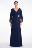 Sage V-Neck Chiffon A-Line Ruched Mother Of the Bride Dress with Cape Sleeves