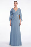 Sage V-Neck Chiffon A-Line Ruched Mother Of the Bride Dress with Cape Sleeves
