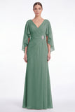 Sage V-Neck Chiffon A-Line Ruched Mother Of the Bride Dress with Cape Sleeves