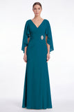Sage V-Neck Chiffon A-Line Ruched Mother Of the Bride Dress with Cape Sleeves