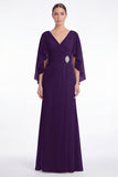 Sage V-Neck Chiffon A-Line Ruched Mother Of the Bride Dress with Cape Sleeves