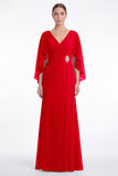 Sage V-Neck Chiffon A-Line Ruched Mother Of the Bride Dress with Cape Sleeves