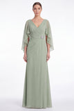 Sage V-Neck Chiffon A-Line Ruched Mother Of the Bride Dress with Cape Sleeves