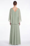 Sage V-Neck Chiffon A-Line Ruched Mother Of the Bride Dress with Cape Sleeves