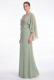 Sage V-Neck Chiffon A-Line Ruched Mother Of the Bride Dress with Cape Sleeves