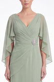 Sage V-Neck Chiffon A-Line Ruched Mother Of the Bride Dress with Cape Sleeves