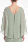 Sage V-Neck Chiffon A-Line Ruched Mother Of the Bride Dress with Cape Sleeves