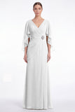 Sage V-Neck Chiffon A-Line Ruched Mother Of the Bride Dress with Cape Sleeves
