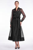 Dark Navy A-Line Long Sleeves Midi Dress with Belt