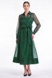 Dark Navy A-Line Long Sleeves Midi Dress with Belt