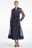 Dark Navy A-Line Long Sleeves Midi Dress with Belt