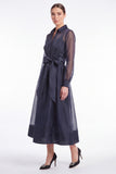 Dark Navy A-Line Long Sleeves Midi Dress with Belt