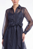 Dark Navy A-Line Long Sleeves Midi Dress with Belt
