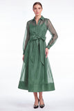 Dark Navy A-Line Long Sleeves Midi Dress with Belt