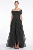 Dark Navy A-Line Off the Shoulder Ruffled High Low Maxi Dress