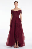 Dark Navy A-Line Off the Shoulder Ruffled High Low Maxi Dress