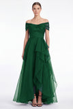 Dark Navy A-Line Off the Shoulder Ruffled High Low Maxi Dress