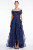 Dark Navy A-Line Off the Shoulder Ruffled High Low Maxi Dress