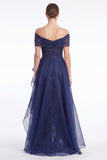 Dark Navy A-Line Off the Shoulder Ruffled High Low Maxi Dress