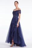 Dark Navy A-Line Off the Shoulder Ruffled High Low Maxi Dress